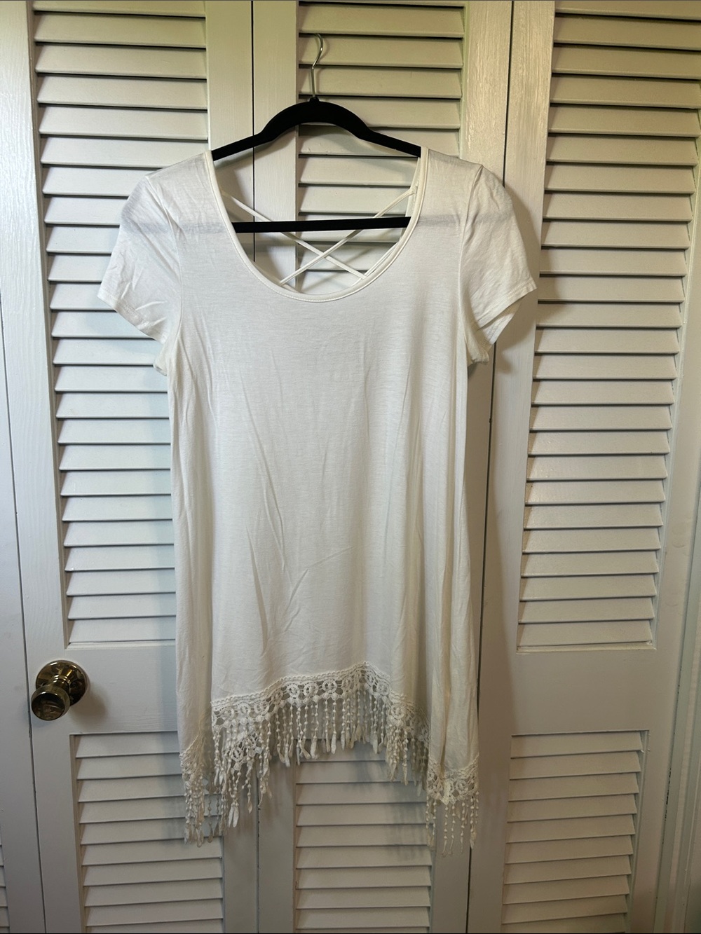 White Scoop Neck Tunic with Crochet Fringe